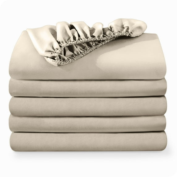 Bare Home 5-Pack Fitted Sheets - Premium 1800 Collection - Ultra-soft - Deep Pocket - Twin XL, Sand