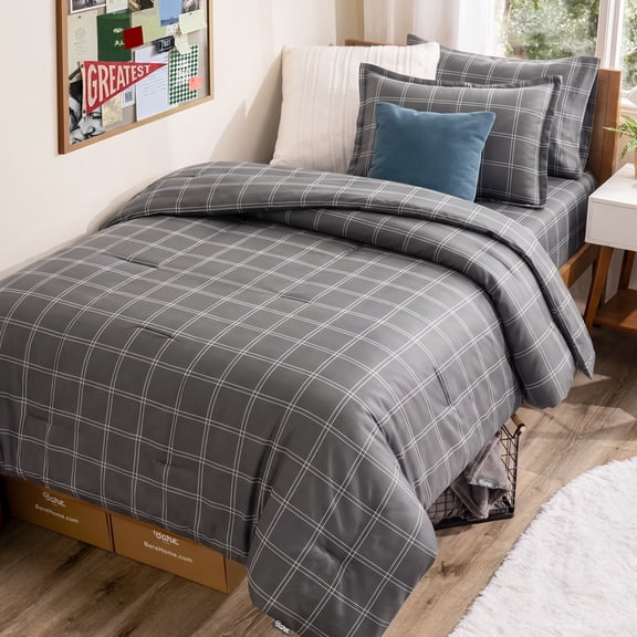 Bare Home 5-Piece Bed-in-a-Bag - Twin XL, Modern Plaid - Gray/White with White Sheet Set
