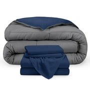 Bare Home 5-Piece Reversible Bed-in-a-Bag - Premium 1800 Collection - Full, Dark Blue/Gray Comforter with Dark Blue Sheet Set