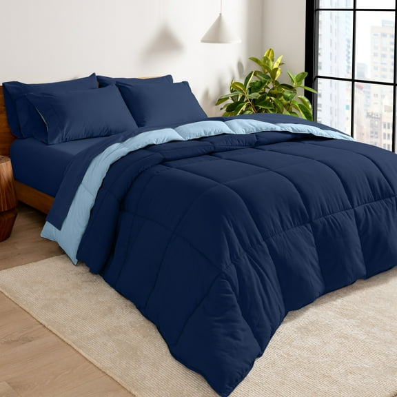 Bare Home 5-Piece Reversible Bed-in-a-Bag - Premium 1800 Collection - Full XL, Dark Blue/Light Blue Comforter with Dark Blue Sheet Set