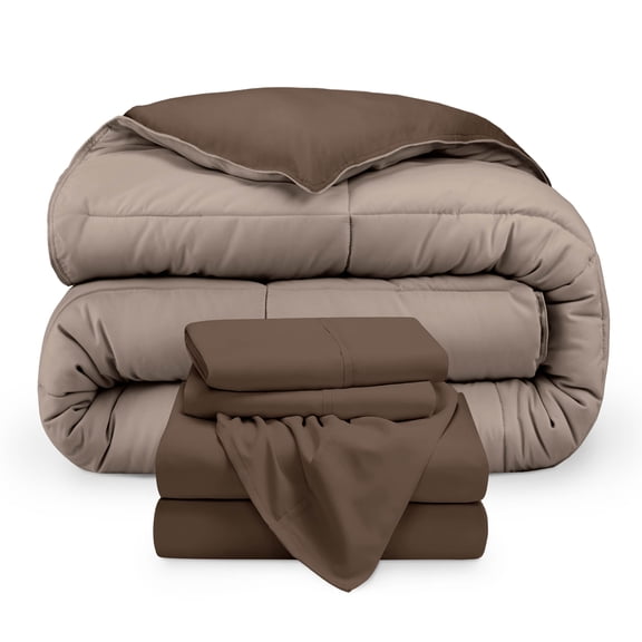 Bare Home 5-Piece Reversible Bed-in-a-Bag - Premium 1800 Collection - King, Cocoa/Taupe Comforter with Cocoa Sheet Set