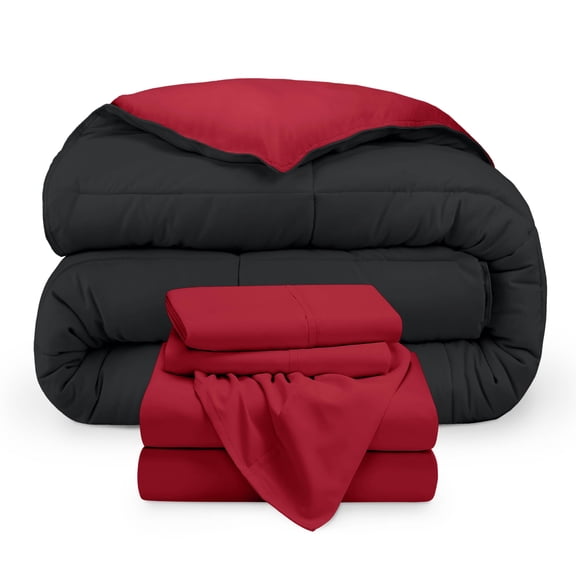 Bare Home 5-Piece Reversible Bed-in-a-Bag - Premium 1800 Collection - Queen, Black/Red Comforter with Red Sheet Set