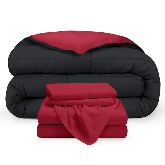 Bare Home 5-Piece Reversible Bed-in-a-Bag - Premium 1800 Collection - Queen, Black/Red Comforter with Red Sheet Set