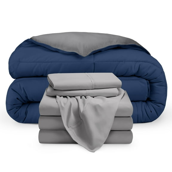 Bare Home 6-Piece Reversible Bed-in-a-Bag - Premium 1800 Collection - Split King, Dark Blue/Gray Comforter with Light Gray Sheet Set