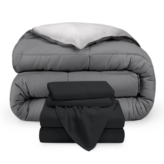 Bare Home 6-Piece Reversible Bed-in-a-Bag - Premium 1800 Collection - Split King, Light Gray/Gray Comforter with Black Sheet Set