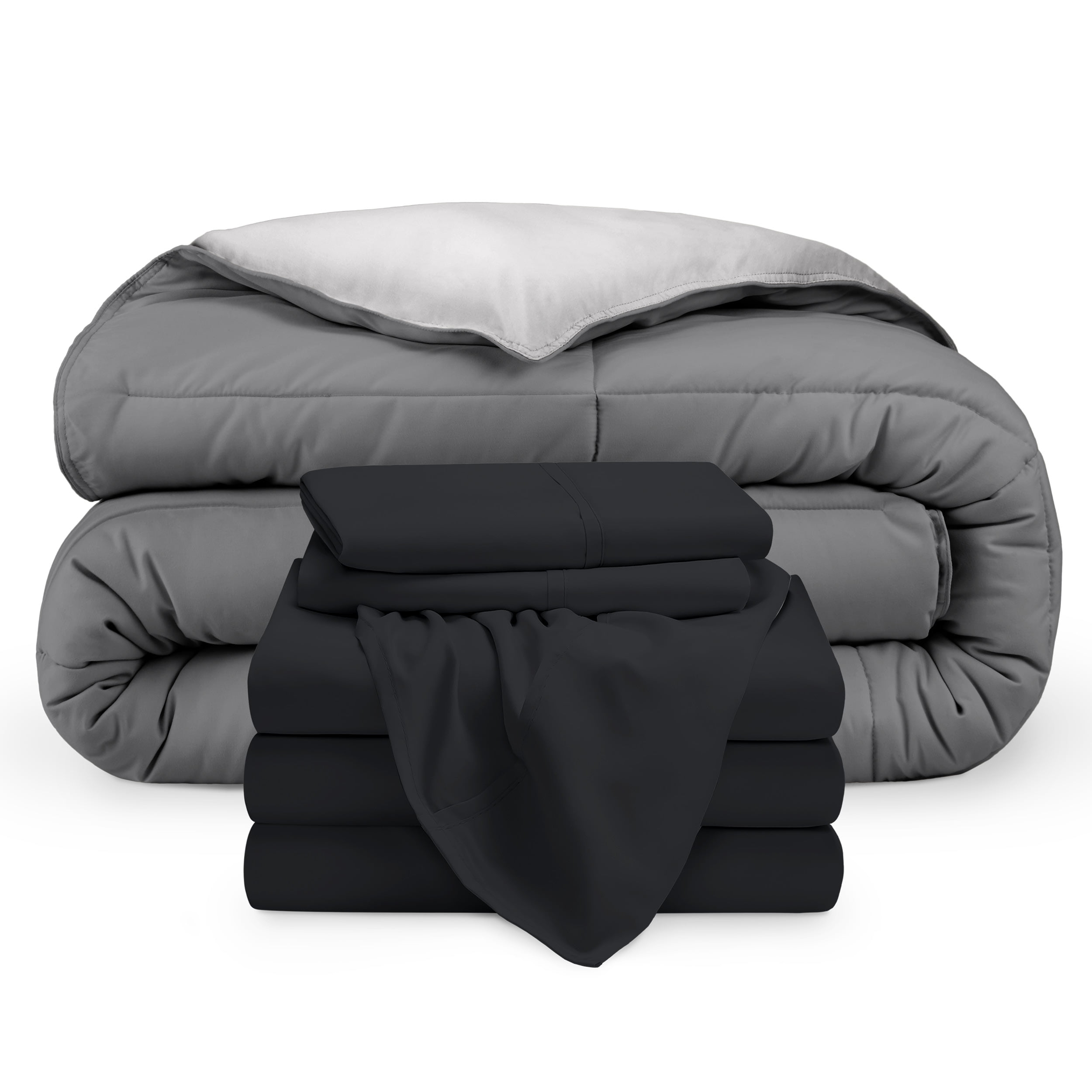 Split King Light Gray and Black Microfiber Reversible Bed-in-a-Bag Set