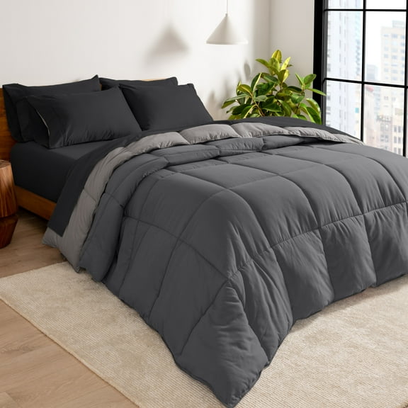 Bare Home 6-Piece Reversible Bed-in-a-Bag - Premium 1800 Collection - Split King, Light Gray/Gray Comforter with Black Sheet Set