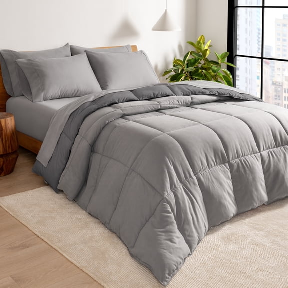 Bare Home 6-Piece Reversible Bed-in-a-Bag - Premium 1800 Collection - Split King, Light Gray/Gray Comforter with Light Gray Sheet Set