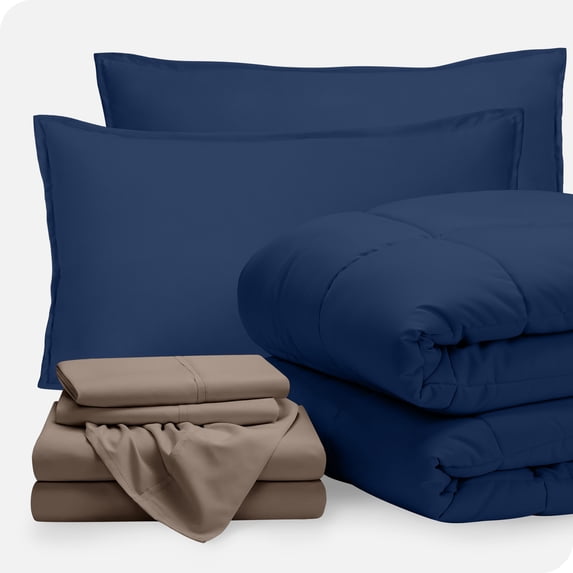 Bare Home 7-Piece Bed-in-a-Bag - Full, Dark Blue with Taupe Sheet Set