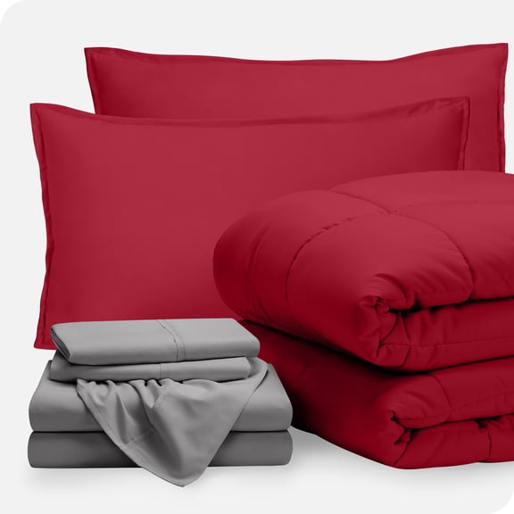 Bare Home 7-Piece Bed-in-a-Bag - Full XL, Red with Light Gray Sheet Set