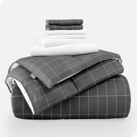 Bare Home 7-Piece Bed-in-a-Bag - King, Grid - Gray/White with White Sheet Set