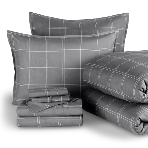 Bare Home 7-Piece Bed-in-a-Bag - King, Modern Plaid - Gray/White with White Sheet Set