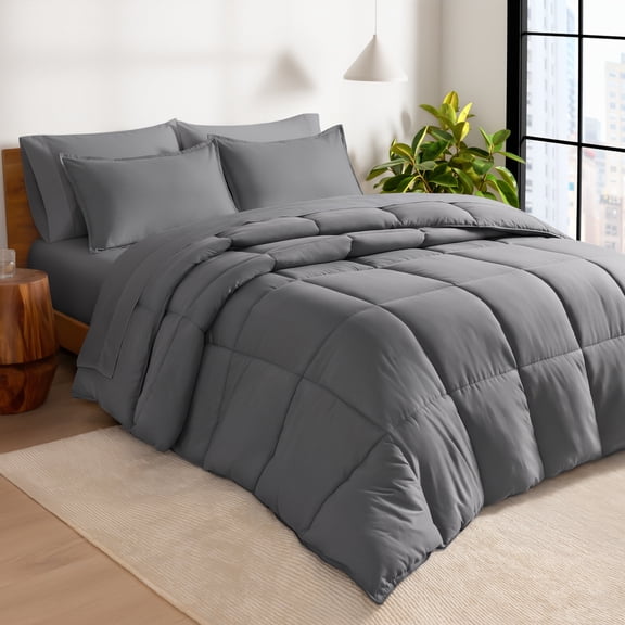 Bare Home 7-Piece Bed-in-a-Bag - Queen, Gray with Gray Sheet Set