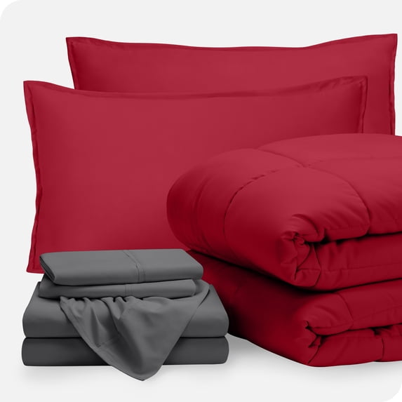 Bare Home 7-Piece Bed-in-a-Bag - Split Head Flex King, Red with Gray Sheet Set