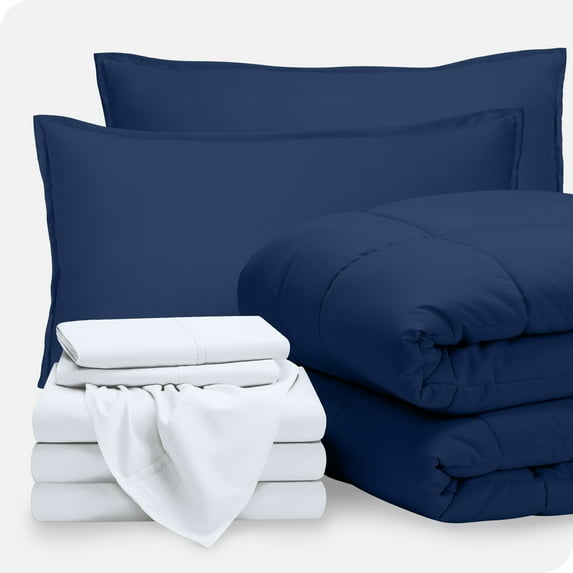 Bare Home 8-Piece Bed-in-a-Bag - Split California King, Dark Blue with White Sheet Set
