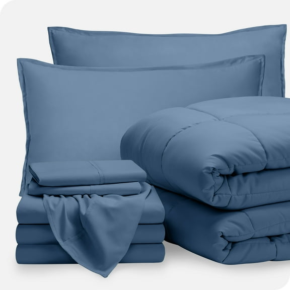 Bare Home 8-Piece Bed-in-a-Bag - Split King, Coronet Blue with Coronet Blue Sheet Set