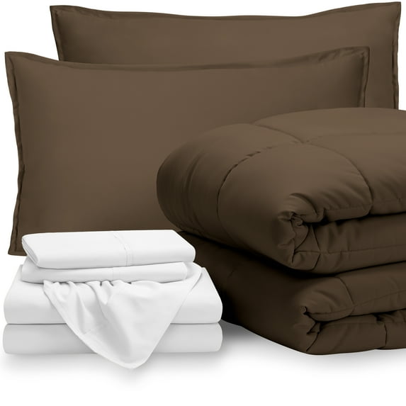 Bare Home 8-Piece Bed-in-a-Bag - Split Queen, Cocoa with White Sheet Set