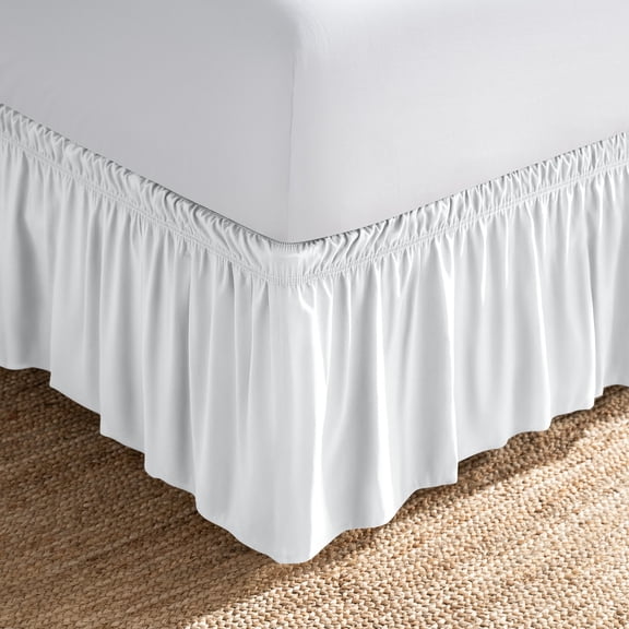 Bare Home Adjustable Wrap Around Bed Skirt - 15 Inch Drop - Easy Fit - Ruffle Pleats - Queen, White
