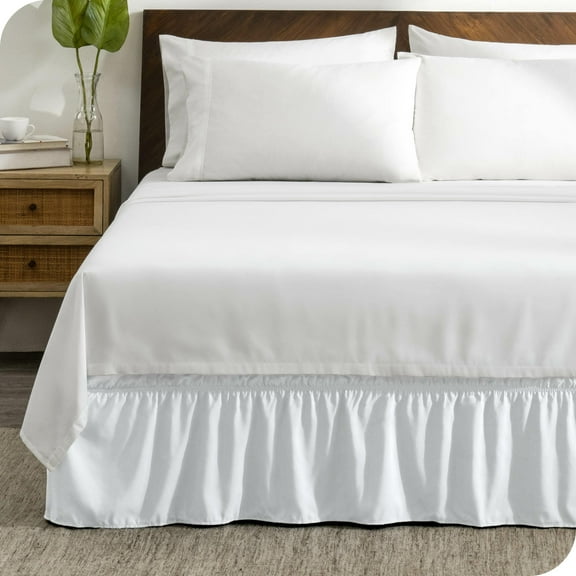 Bare Home Adjustable Wrap Around Bed Skirt - 15 Inch Drop - Easy Fit - Ruffle Pleats - Queen, White