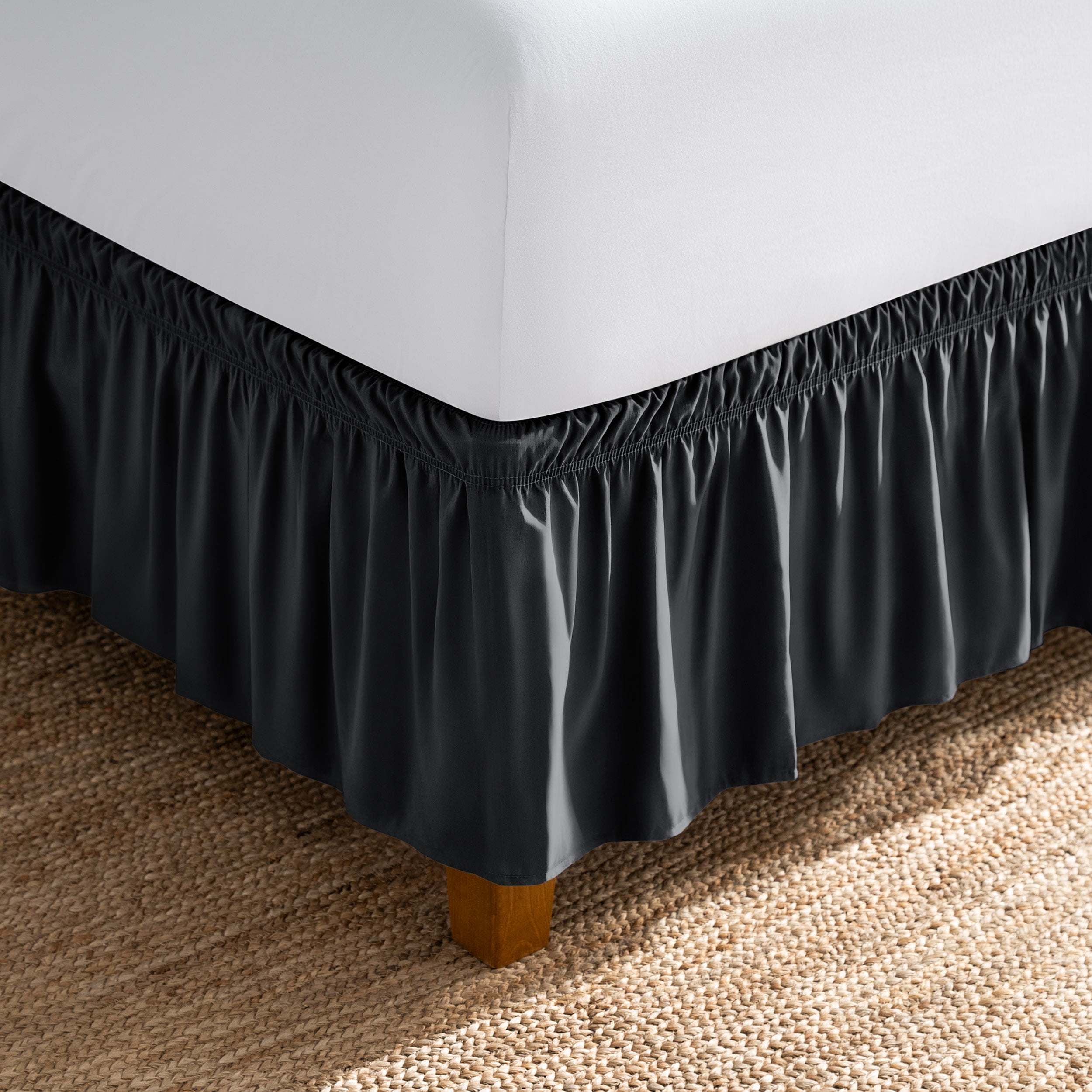Bare Home Adjustable Wrap Around Bed Skirt - 15 Inch Drop - Easy Fit - Ruffle Pleats - Twin XL, Black