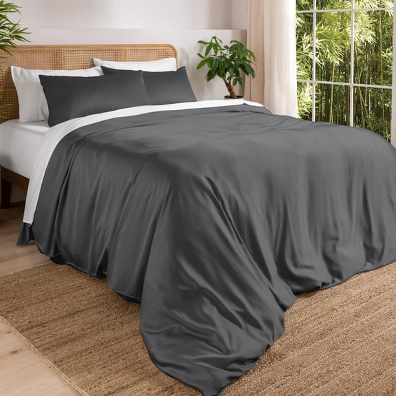 Bare Home Bamboo 3-Piece Duvet Cover Set - Made from Rayon Fibers - Soft, Cooling & Breathable - Queen,Gray