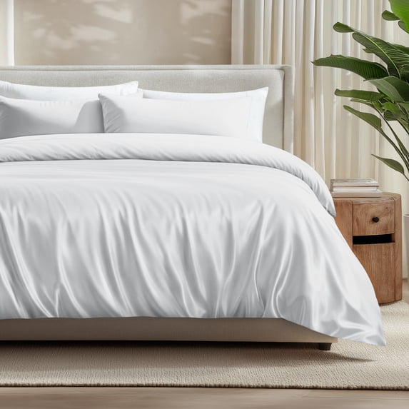 Bare Home Bamboo 3-Piece Duvet Cover Set - Made from Rayon Fibers - Soft, Cooling & Breathable - Queen,White