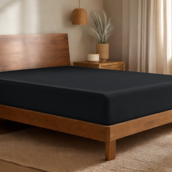Bare Home Bamboo Fitted Sheet - Made from Rayon Fibers - Deep Pockets - Soft, Cooling & Breathable - Queen, Black