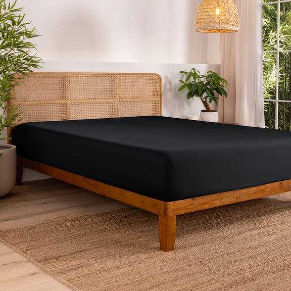 Bare Home Bamboo Fitted Sheet - Made from Rayon Fibers - Deep Pockets - Soft, Cooling & Breathable - Queen, Black