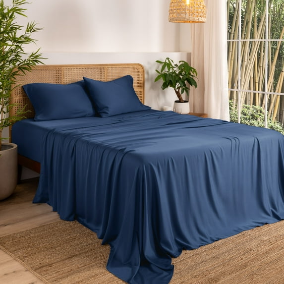 Bare Home Bamboo Sheet Set - Made from Rayon Fibers - Deep Pockets - 4 Piece - Queen, Dark Blue