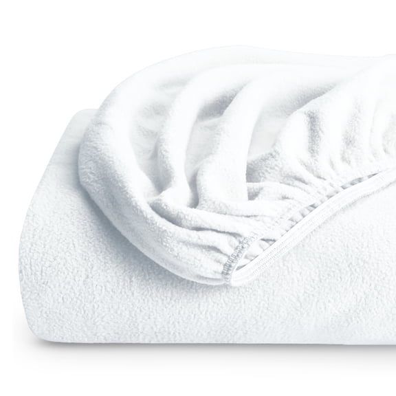 Bare Home Cozy Fleece Fitted Sheet - Extra Plush Polar Fleece - Deep Pocket Bed Sheet - Split Head Flex King, White