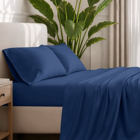 Bare Home Double Brushed Deep Pocket Sheet Set Dark Blue Split Head Flex King Solid Color