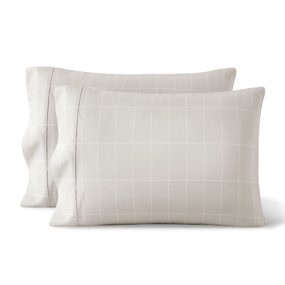 Bare Home Pillowcase Set - Premium 1800 Collection - Double Brushed - Ultra Soft - Standard Size, Grid - Stone/White, 2 Count