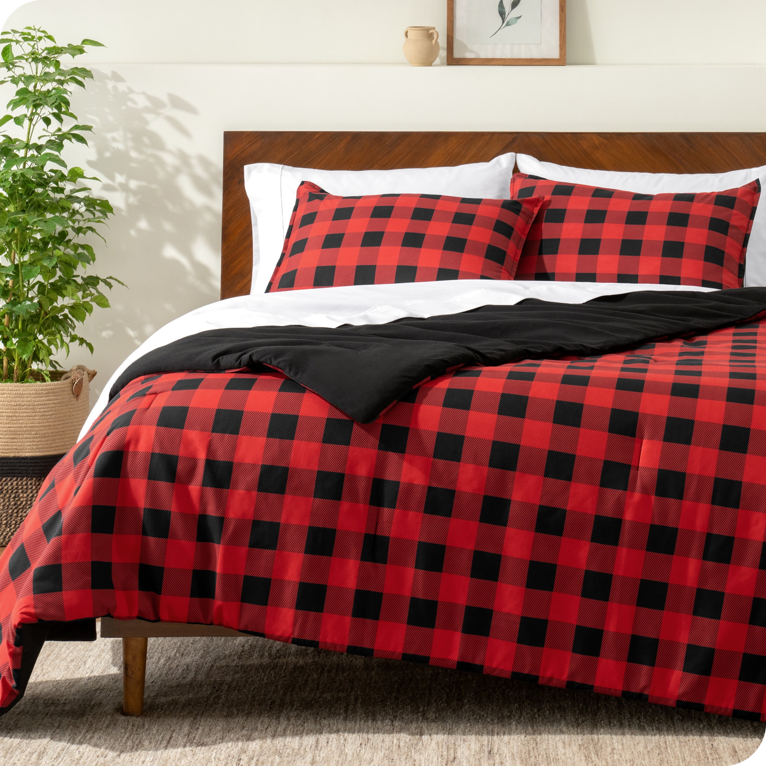 King Size Red and Black Buffalo Plaid Microfiber Comforter Set