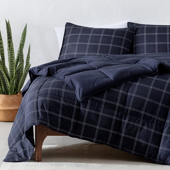Bare Home Down Alternative Comforter Set - 3-Pieces - All Seasons - King/Cal King, Dark Blue - Modern Plaid