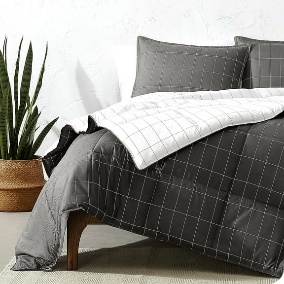Bare Home Down Alternative Comforter Set - 3-Pieces - All Seasons - King/Cal King, Grid - Gray/White