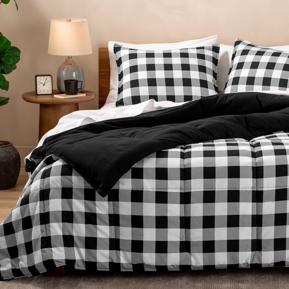 Bare Home Down Alternative Comforter Set - 3-Pieces - All Seasons - Queen, White/Black - Buffalo Plaid