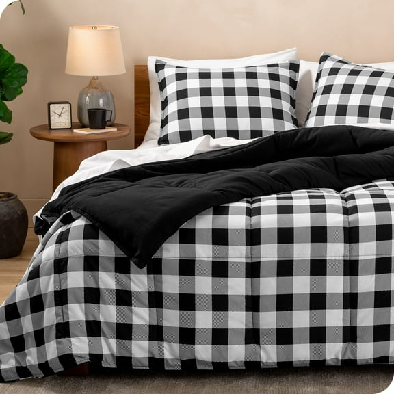 Bare Home Down Alternative Comforter Set - 3-Pieces - All Seasons - Queen, White/Black - Buffalo Plaid