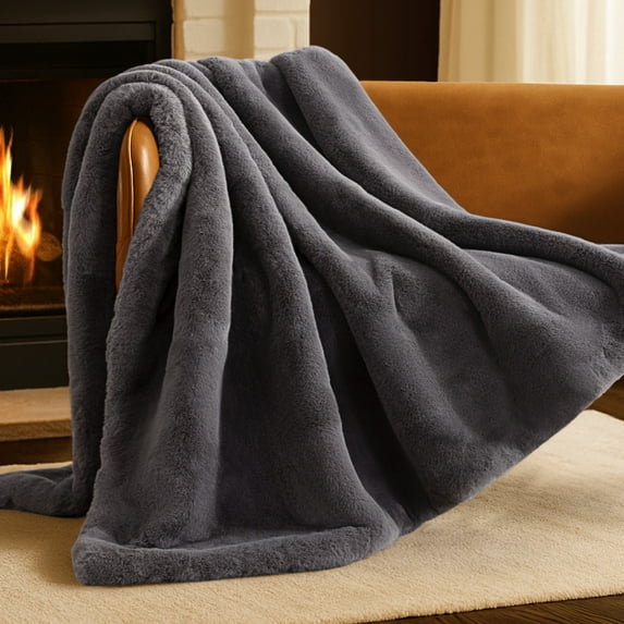 Bare Home Faux Fur Blanket - 47" x 60" - Ultra Soft Fleece - Throw, Dark Gray