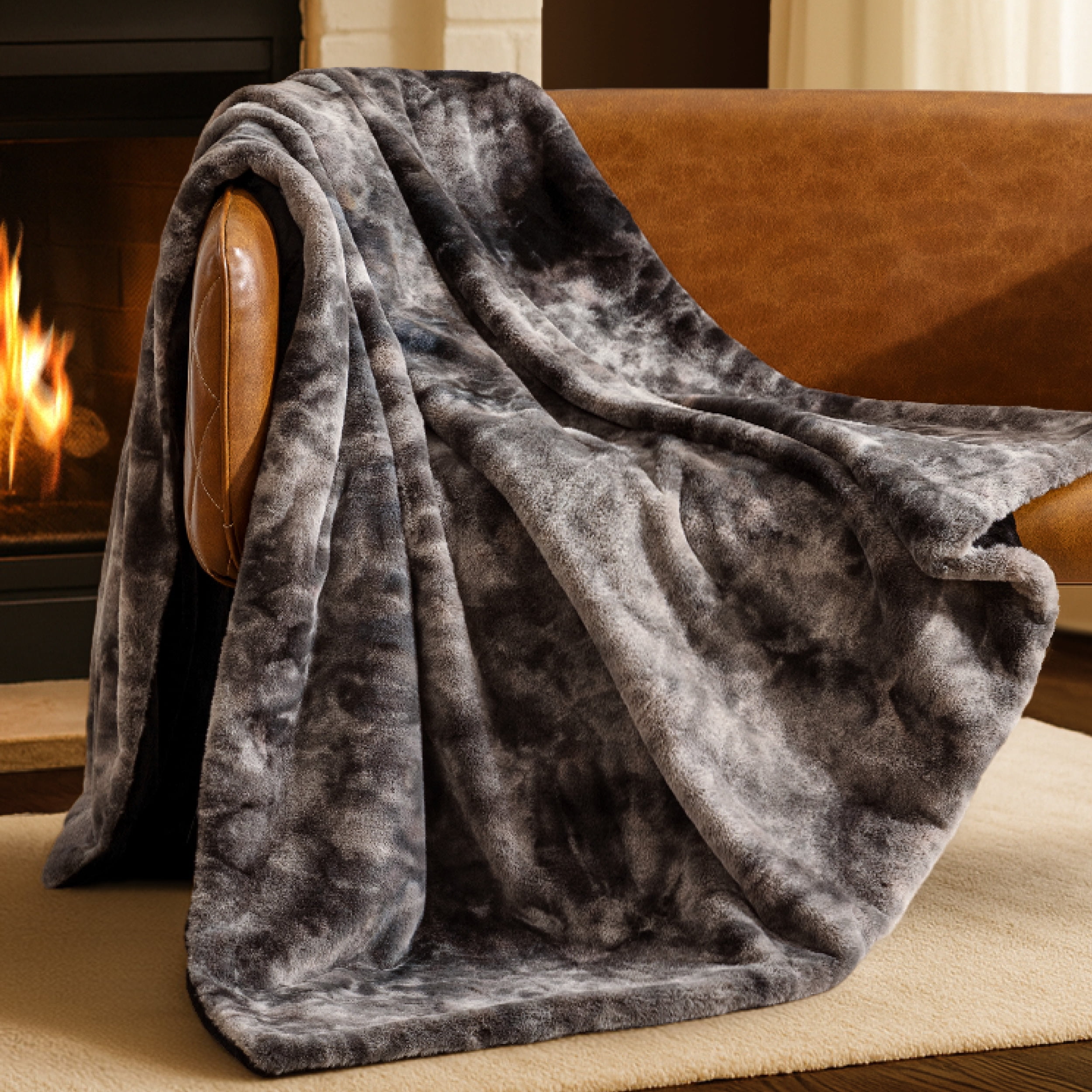 Bare Home Faux Fur Blanket - 47" x 60" - Ultra Soft Fleece - Throw, Gray Tie Dye
