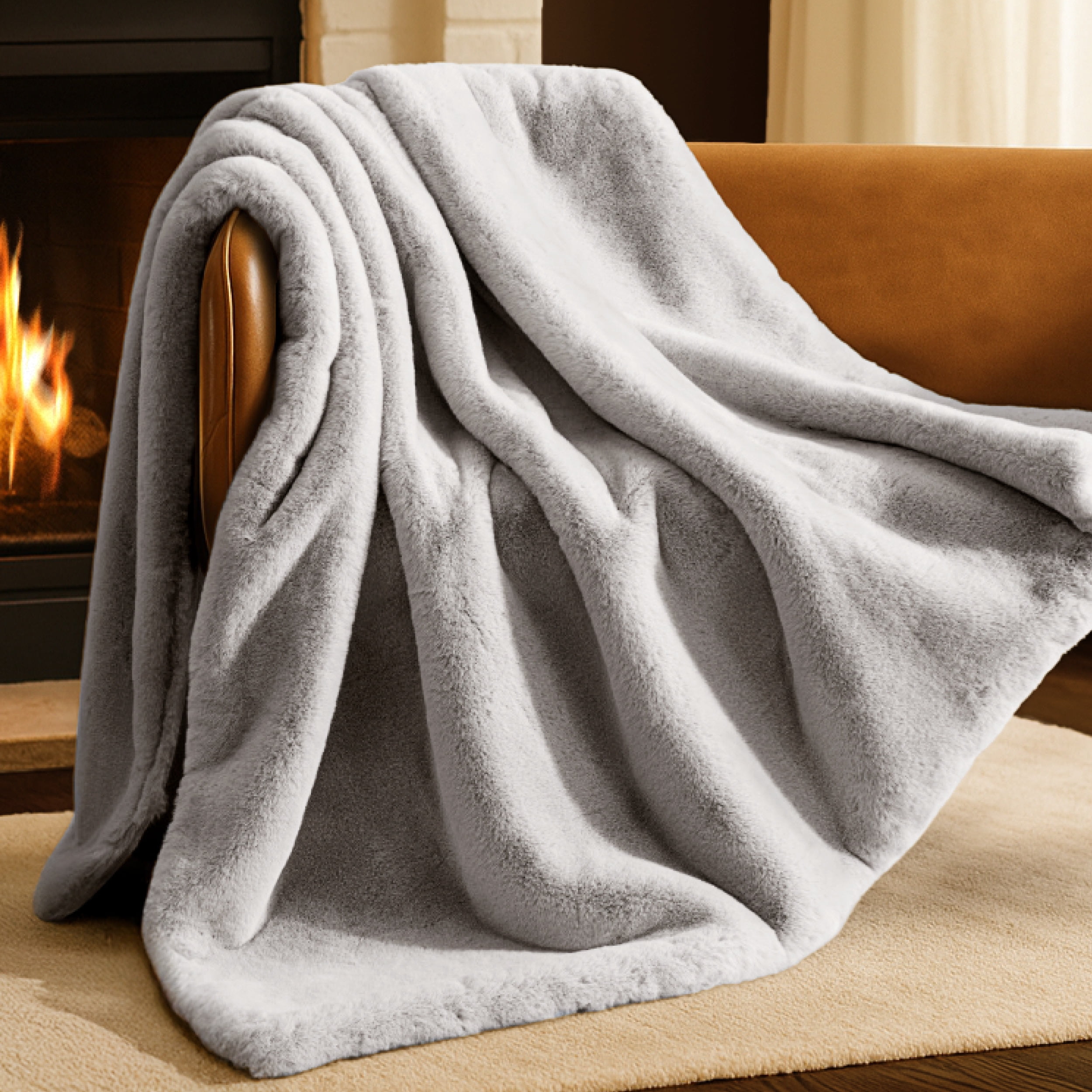 Bare Home Faux Fur Blanket - 47" x 60" - Ultra Soft Fleece - Throw, Silver