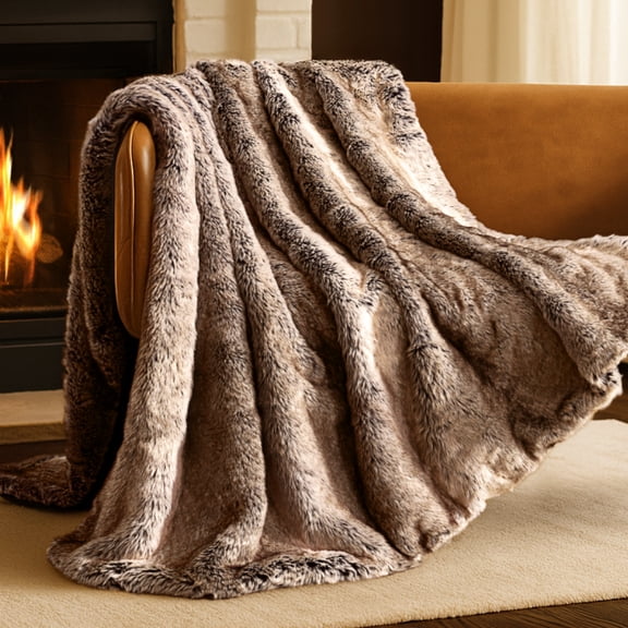 Bare Home Faux Fur Blanket - 47" x 60" - Ultra Soft Fleece - Throw, Variegated Chestnut