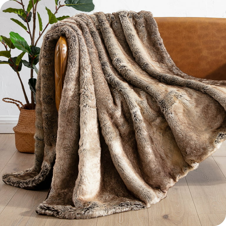Bare Home Faux Fur Blanket - 47 x 60 - Ultra Soft Fleece - Throw,  Variegated Mocha 