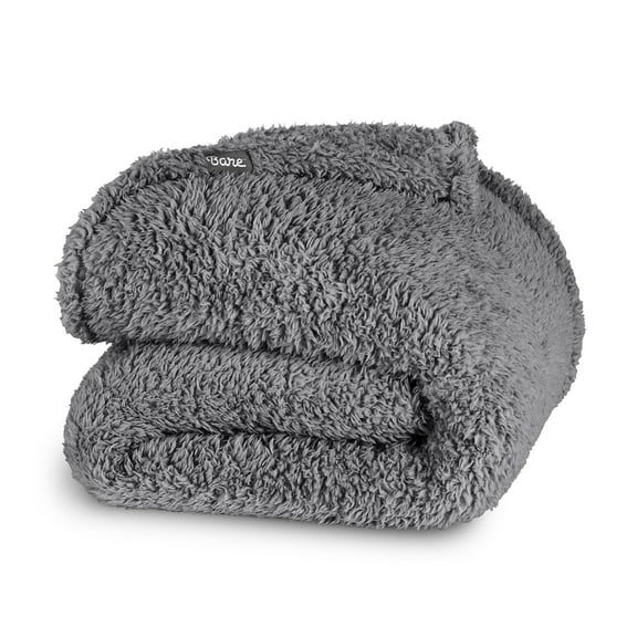 Bare Home Faux Shearling Blanket - Dual Layer - Fluffy & Soft - Lightweight - Throw/Travel, Gray