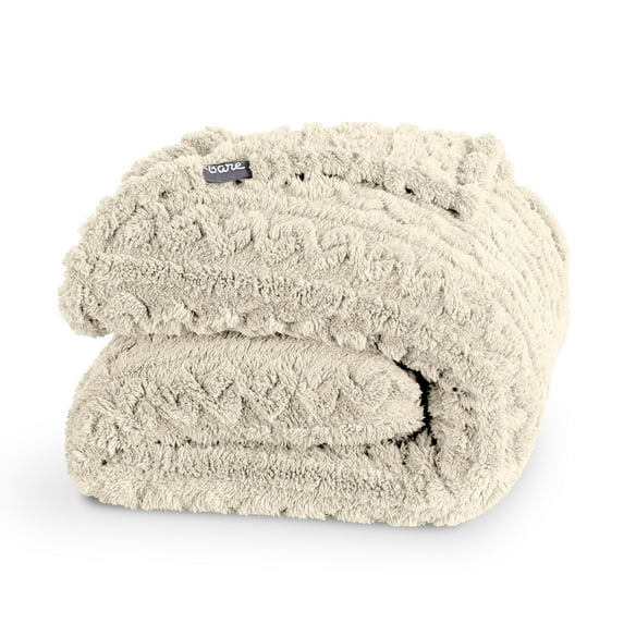 Bare Home Faux Shearling Blanket - Fluffy & Soft - Lightweight - Throw/Travel, Oyster - Cable