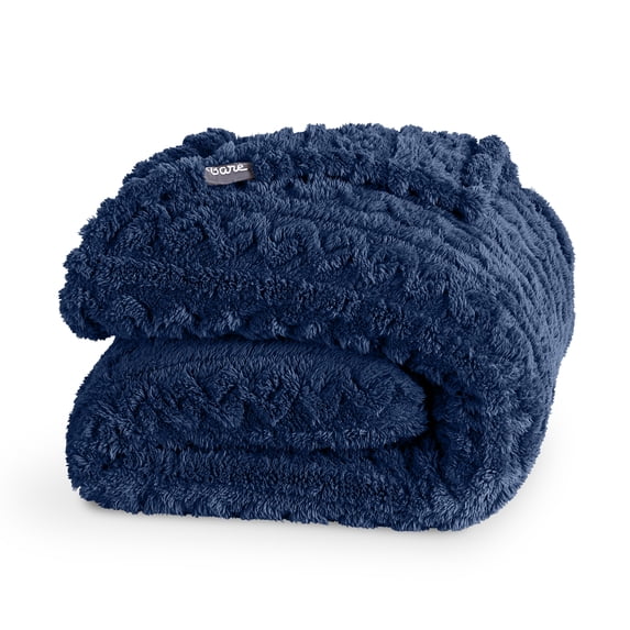 Bare Home Faux Shearling Blanket - Fluffy & Soft - Lightweight - Twin/Twin XL, Dark Blue - Cable