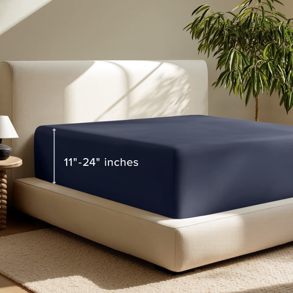 Bare Home Fitted Sheet - 24" Extra Deep Pocket - Premium 1800 Collection - Queen, Midnight Blue
