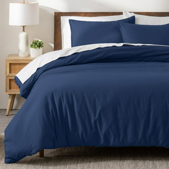 Bare Home Flannel Duvet Cover Set - 100% Flannel Cotton - Double Brushed - Queen, Dark Blue