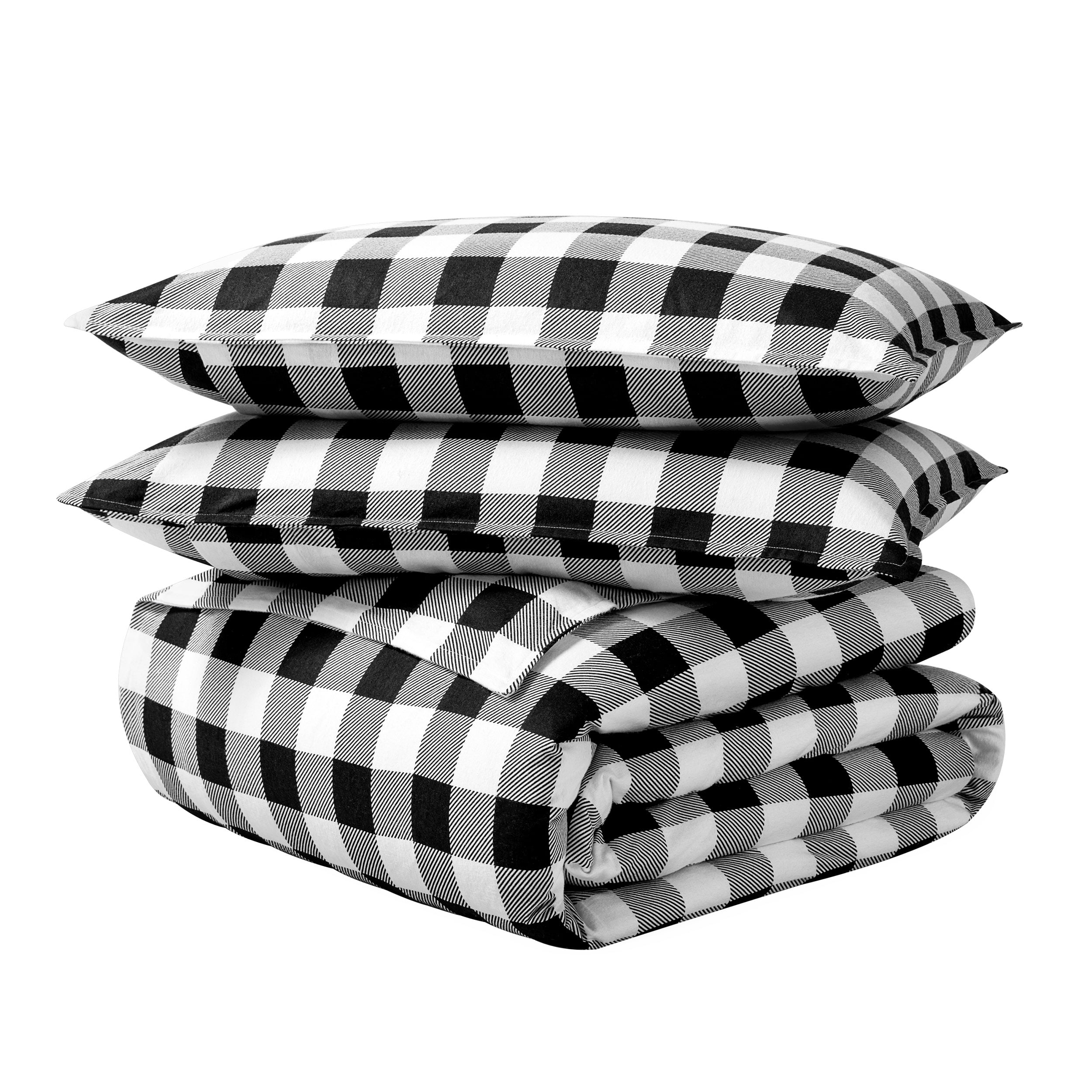 Buffalo Plaid White and Black Cotton Flannel King/Cal King Duvet Cover Set