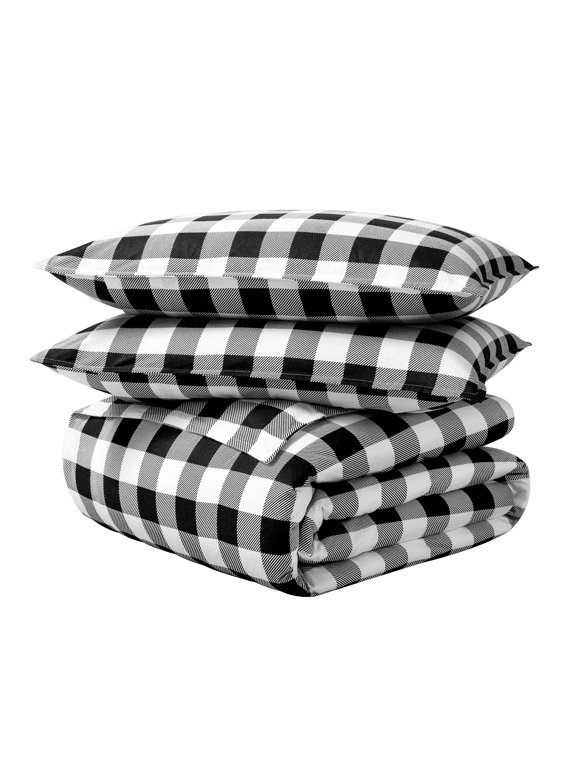Flannel Duvet Cover Set - 100% Flannel Cotton - Double Brushed - King, Buffalo Plaid - White/Black