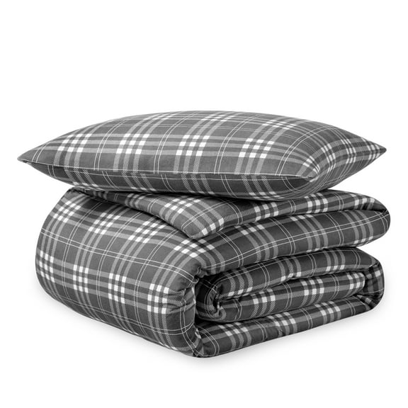 Bare Home Flannel Duvet Cover Set - 100% Flannel Cotton - Double Brushed - Twin/Twin XL, Stirling Plaid - Gray/White